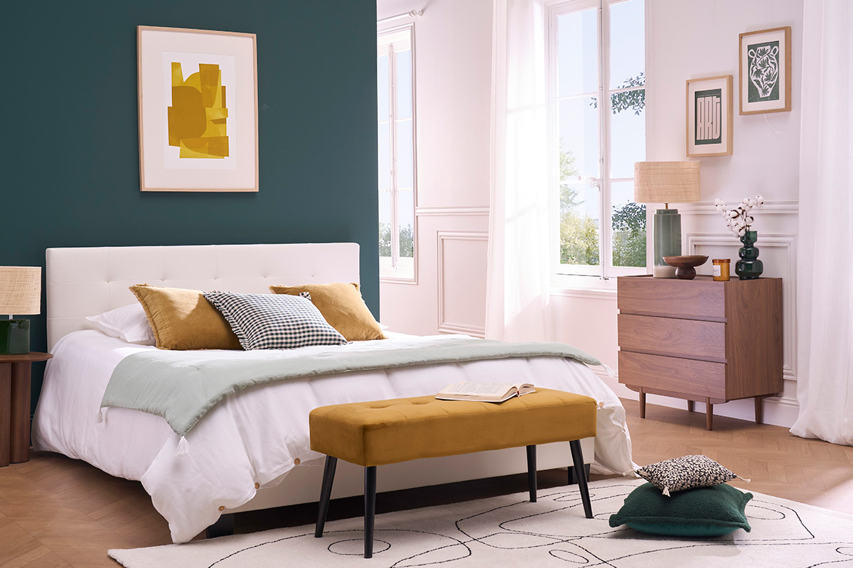 Banc design capitonn en tissu velours bronze et mtal noir L96 cm GUESTA