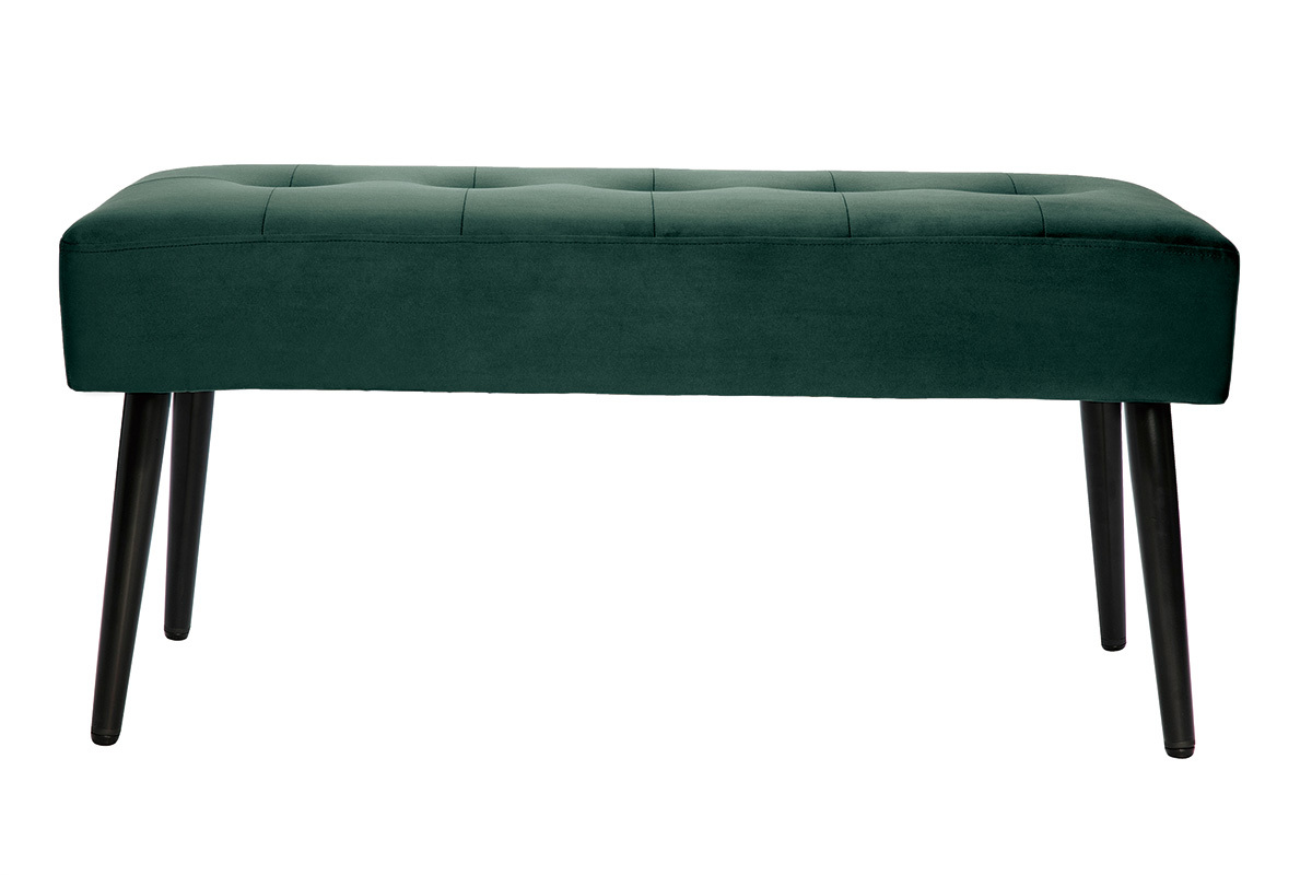 Banc design capitonn en tissu velours vert fonc et mtal noir L96 cm GUESTA