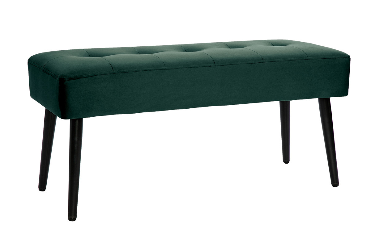 Banc design capitonn en tissu velours vert fonc et mtal noir L96 cm GUESTA
