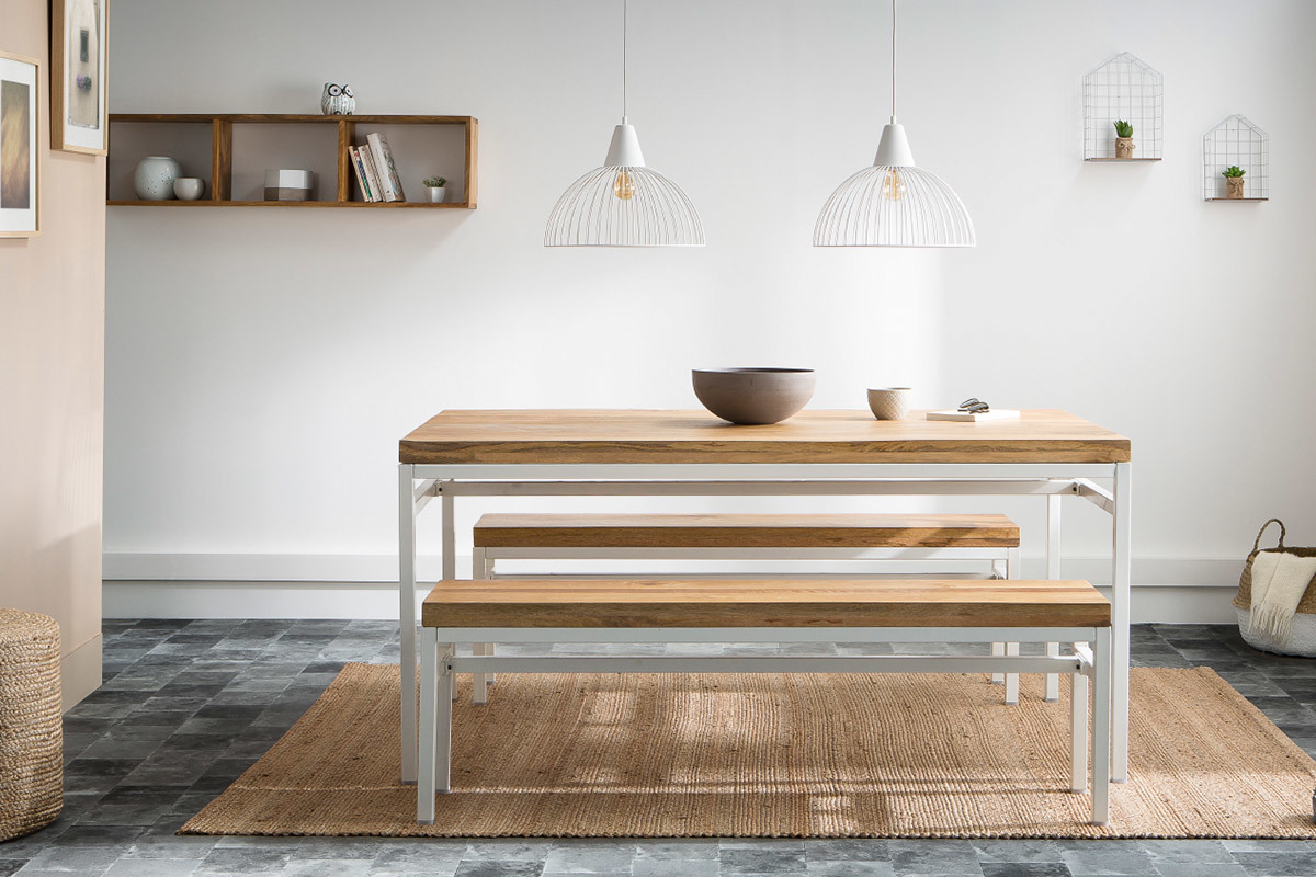 Banc design en bois manguier massif et mtal blanc L140 cm BOHO
