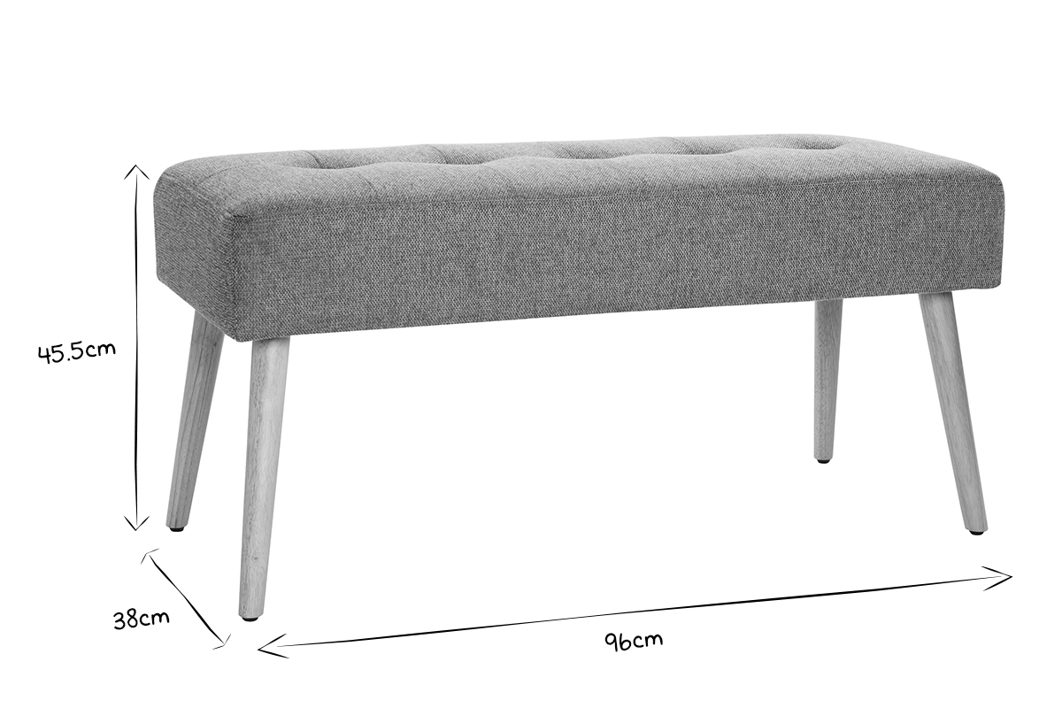 Banc scandinave capitonn en tissu effet velours textur gris fonc et bois clair L96 cm GUESTA