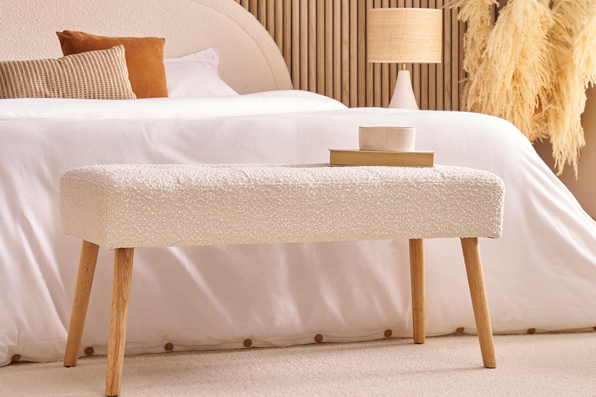 Banc scandinave capitonn en tissu effet velours textur gris fonc et bois clair L96 cm GUESTA