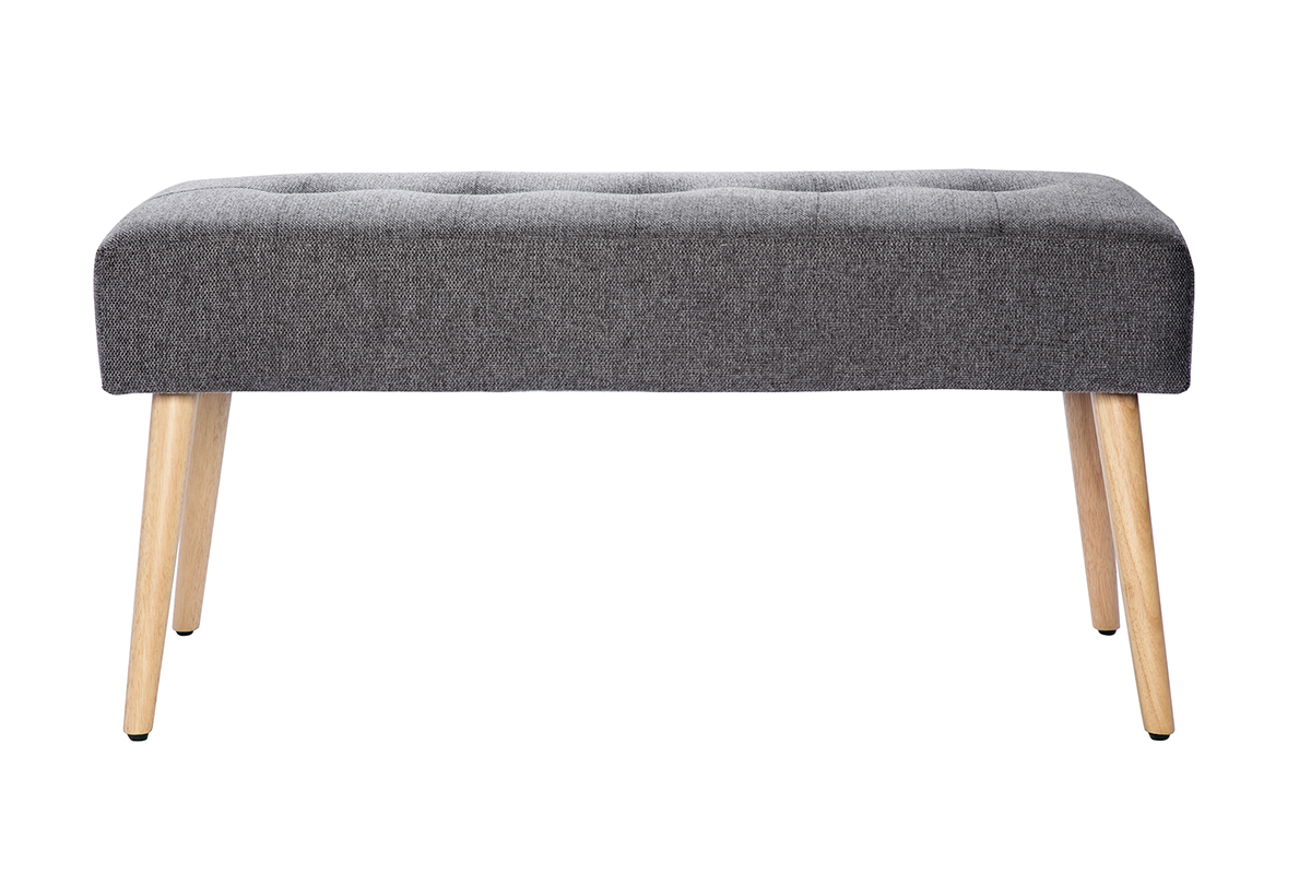 Banc scandinave capitonn en tissu effet velours textur gris fonc et bois clair L96 cm GUESTA