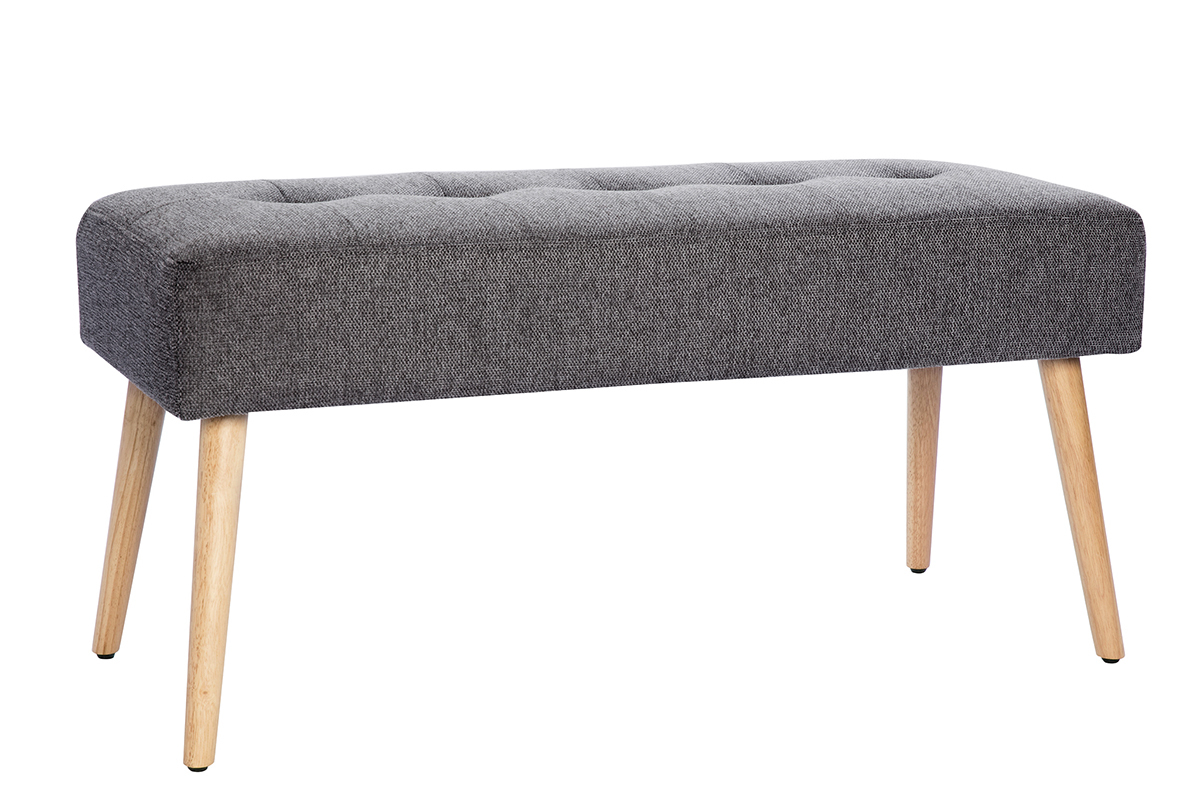 Banc scandinave capitonn en tissu effet velours textur gris fonc et bois clair L96 cm GUESTA