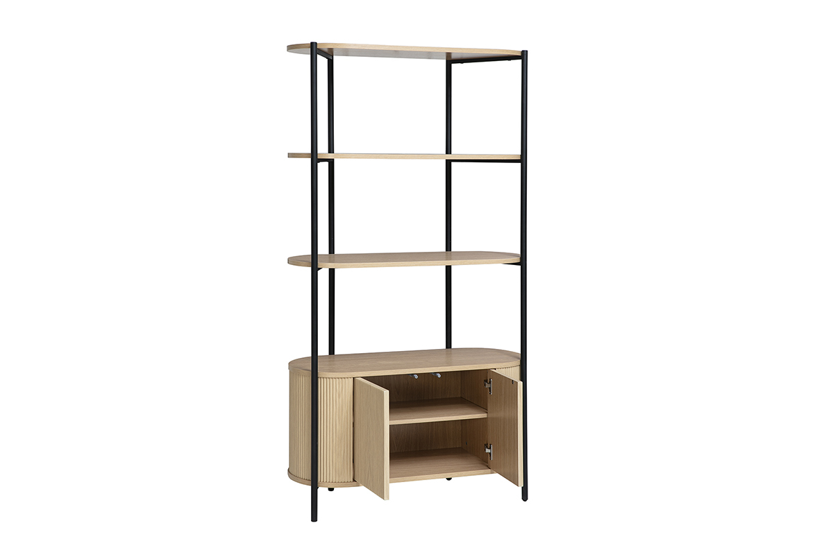 Biblioth�que avec rangements finition bois clair ch�ne et m�tal L100 cm ZORA