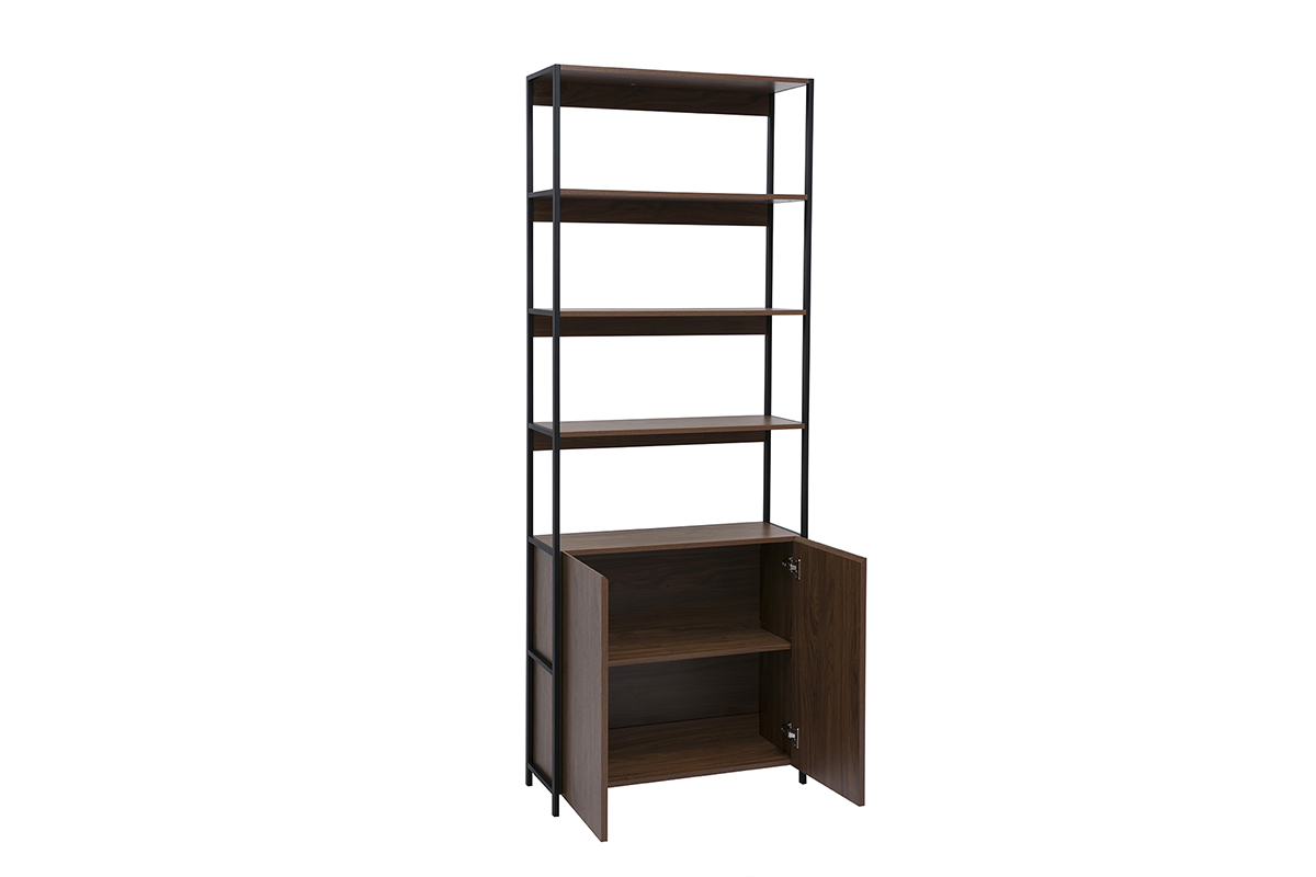 Bibliothque avec rangements finition bois fonc noyer et mtal noir L80 cm MAXENCE