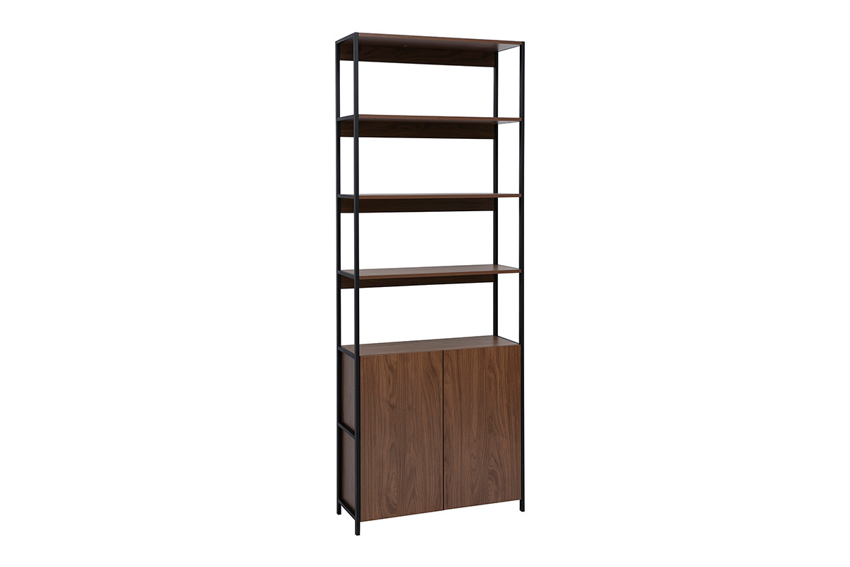 Bibliothque avec rangements finition bois fonc noyer et mtal noir L80 cm MAXENCE