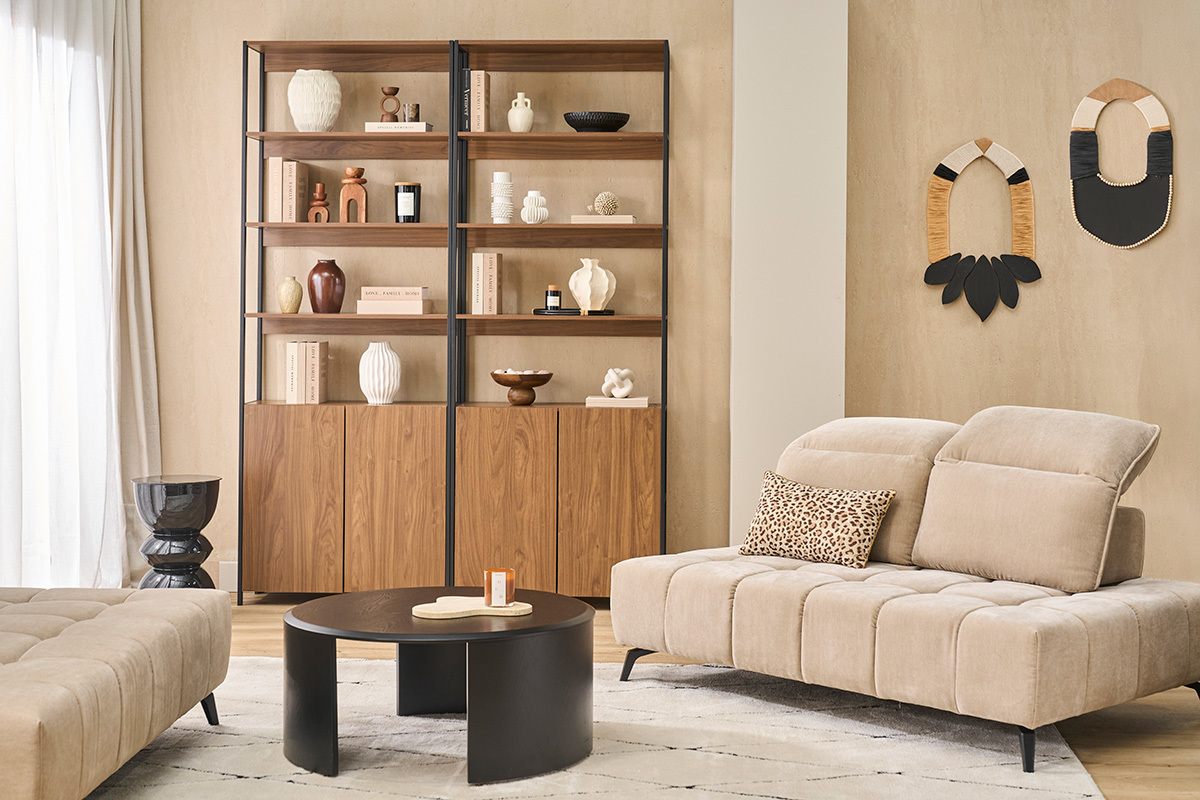 Biblioth�que avec rangements finition bois fonc� noyer et m�tal noir L80 cm MAXENCE