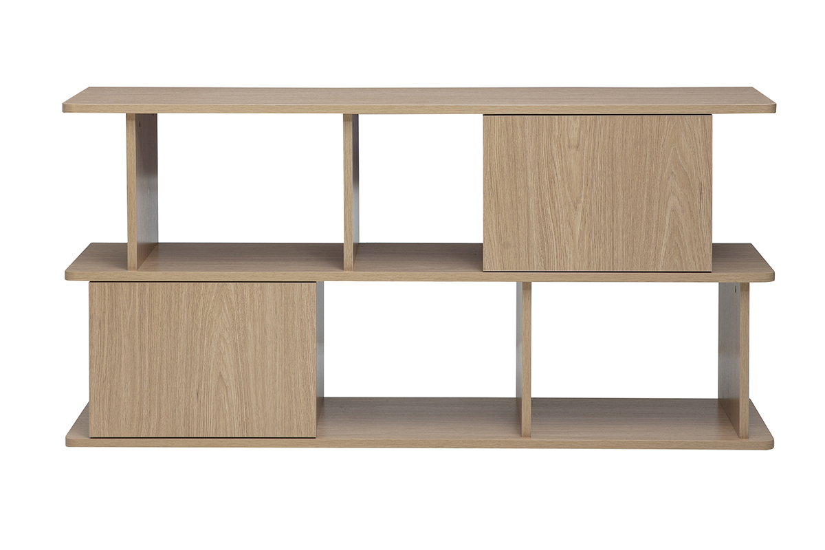 Biblioth�que basse avec rangements finition bois clair ch�ne L140 cm JANICE