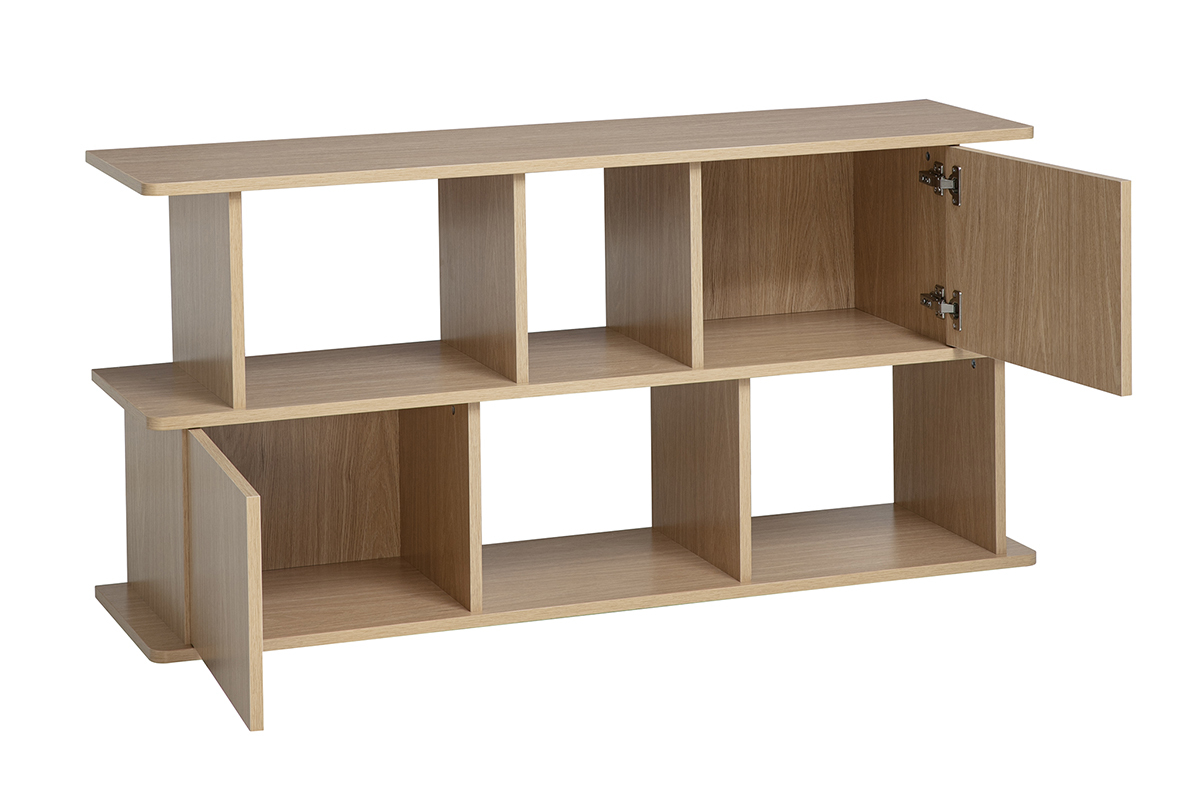 Biblioth�que basse avec rangements finition bois clair ch�ne L140 cm JANICE