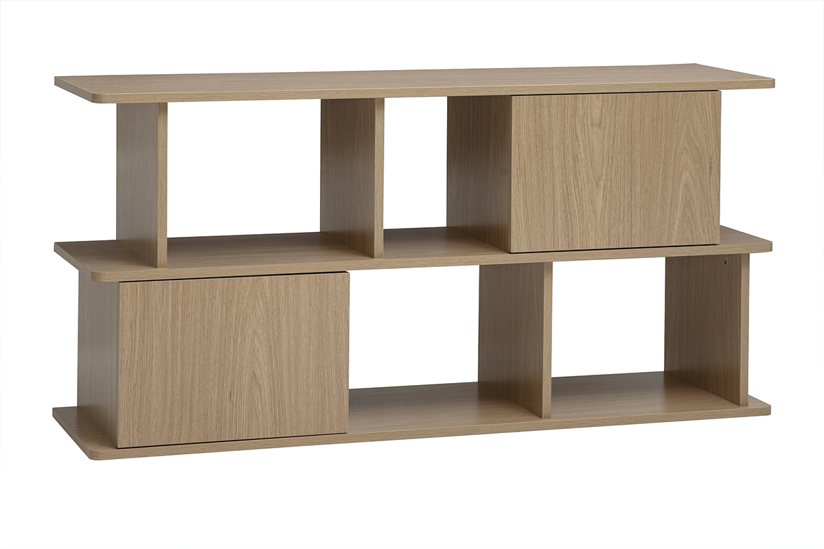 Biblioth�que basse avec rangements finition bois clair ch�ne L140 cm JANICE