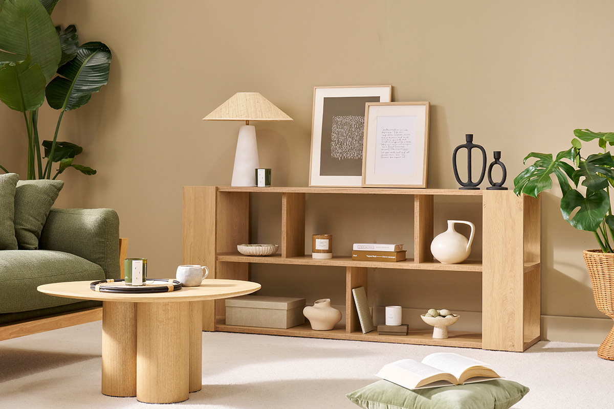 Bibliothque basse ouverte design finition bois clair chne L168 cm MUSSO