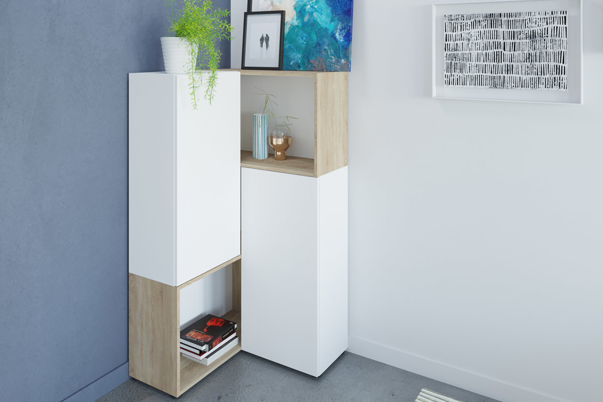 Biblioth�que d'angle design bois et blanc 4 niches QUADRA
