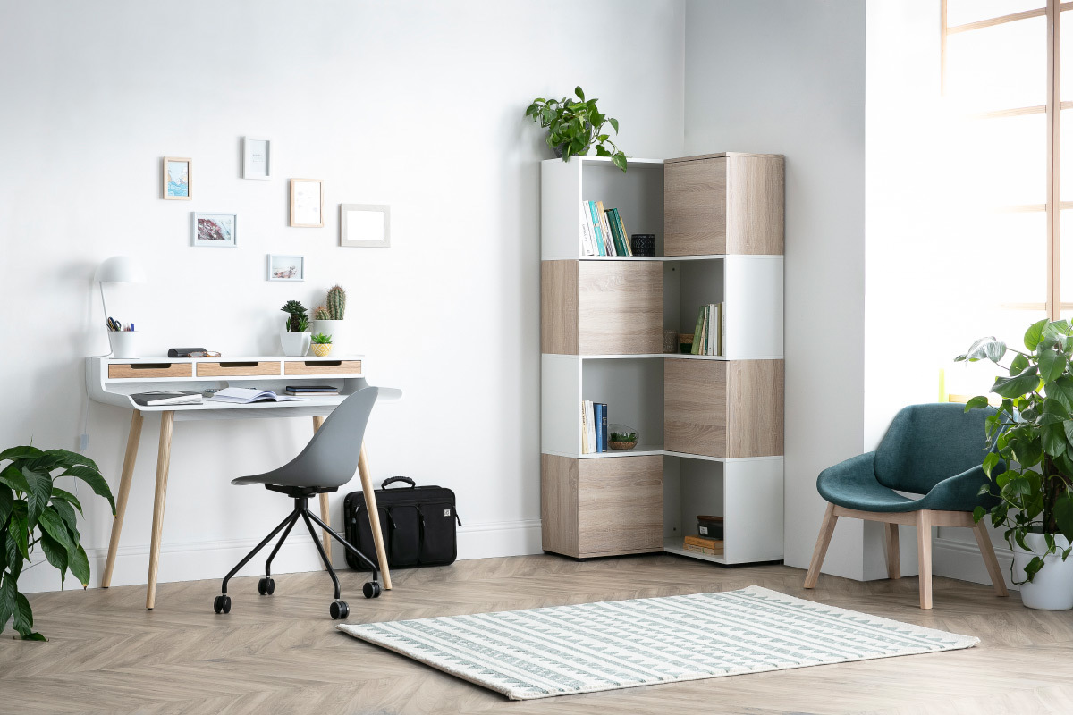 Biblioth�que d'angle design bois et blanc 8 niches QUADRA