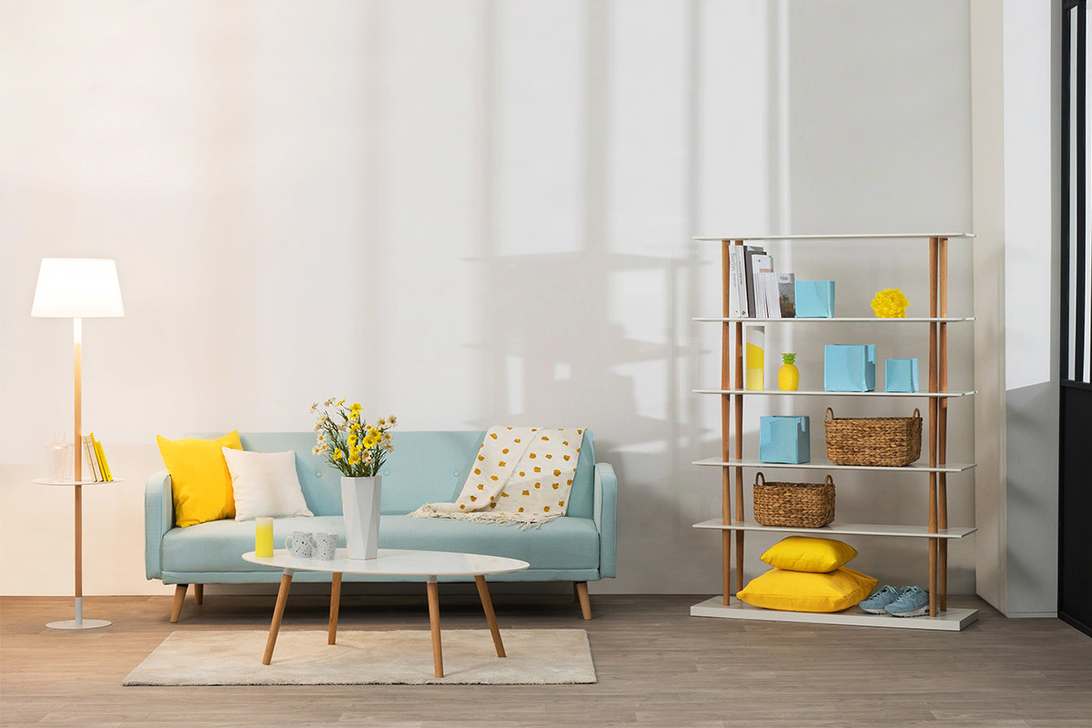 Biblioth�que design bois naturel et blanc 5 �tag�res GILDA