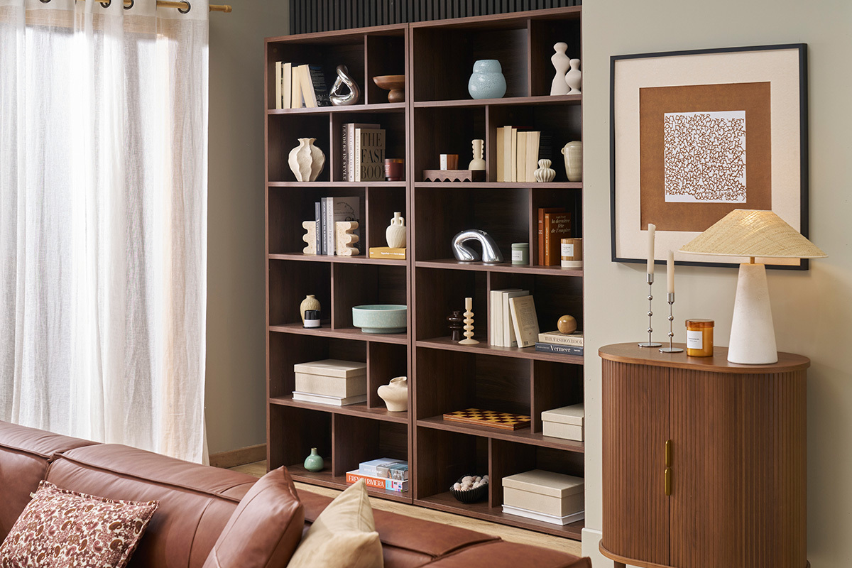 Bibliothque design finition bois fonc noyer L92 cm EPURE