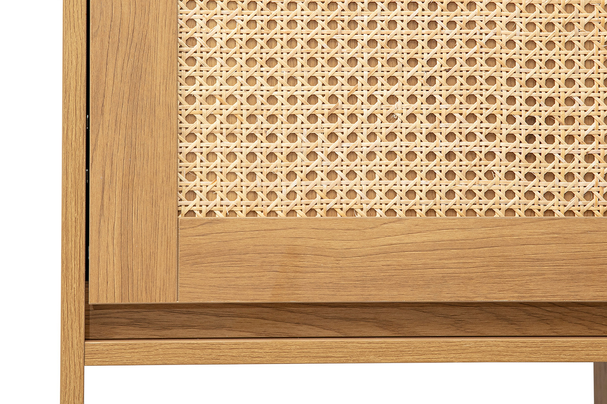 Biblioth�que �tag�re avec rangements finition bois clair ch�ne et cannage rotin L150 cm SEVILLE