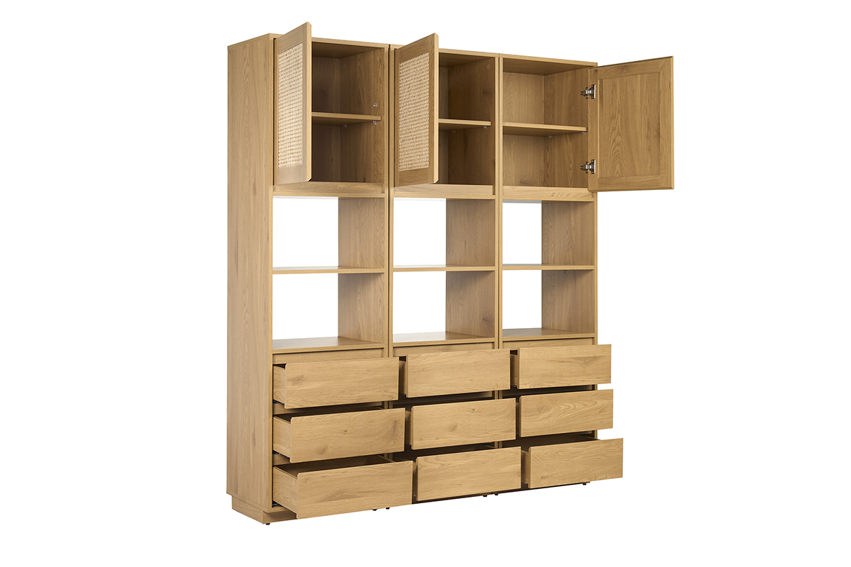 Biblioth�que �tag�re avec rangements finition bois clair ch�ne et cannage rotin L150 cm SEVILLE
