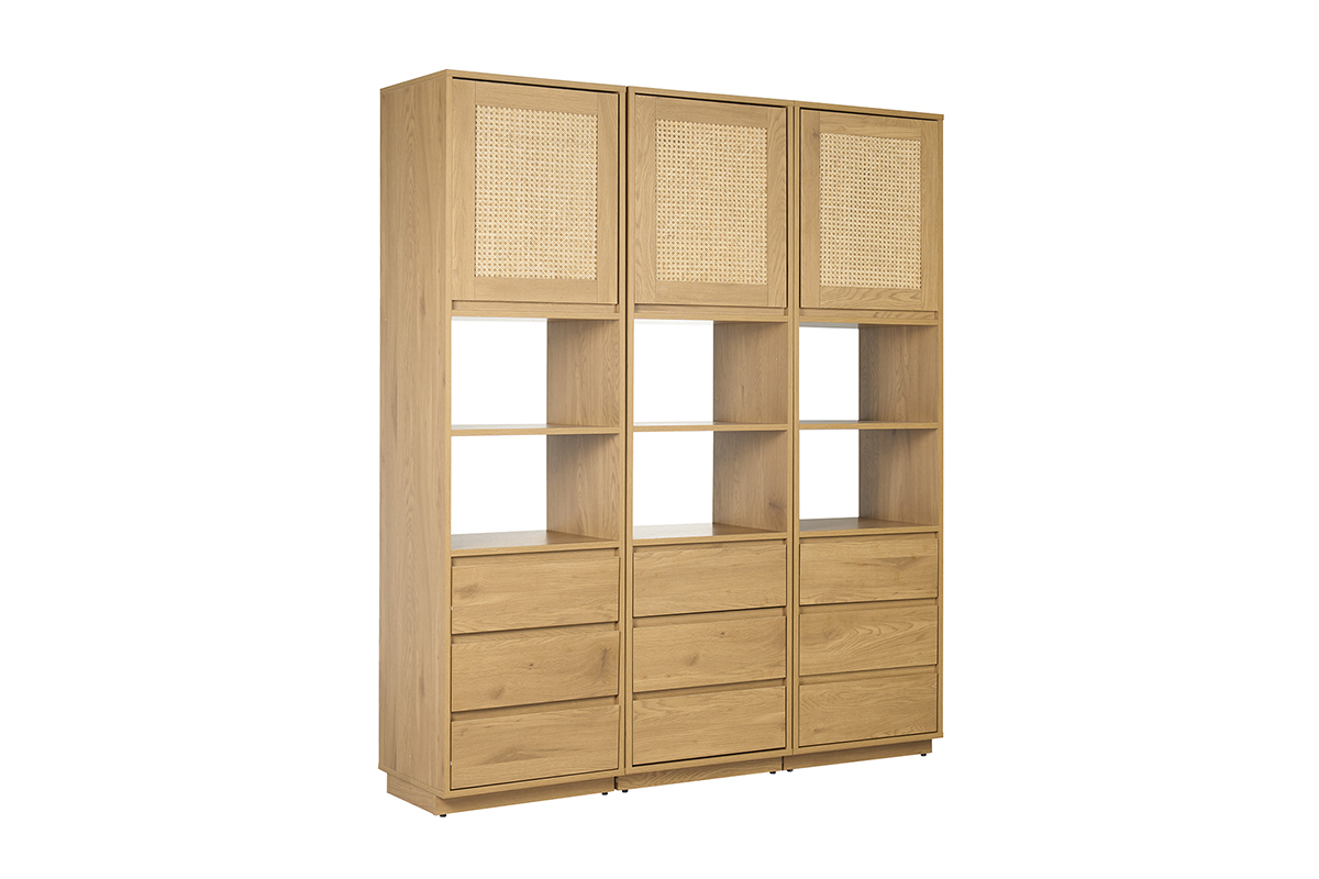 Biblioth�que �tag�re avec rangements finition bois clair ch�ne et cannage rotin L150 cm SEVILLE