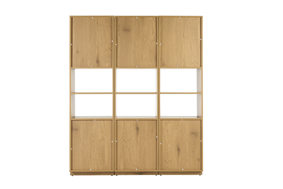 Biblioth�que �tag�re avec rangements finition bois clair ch�ne et cannage rotin L150 cm SEVILLE