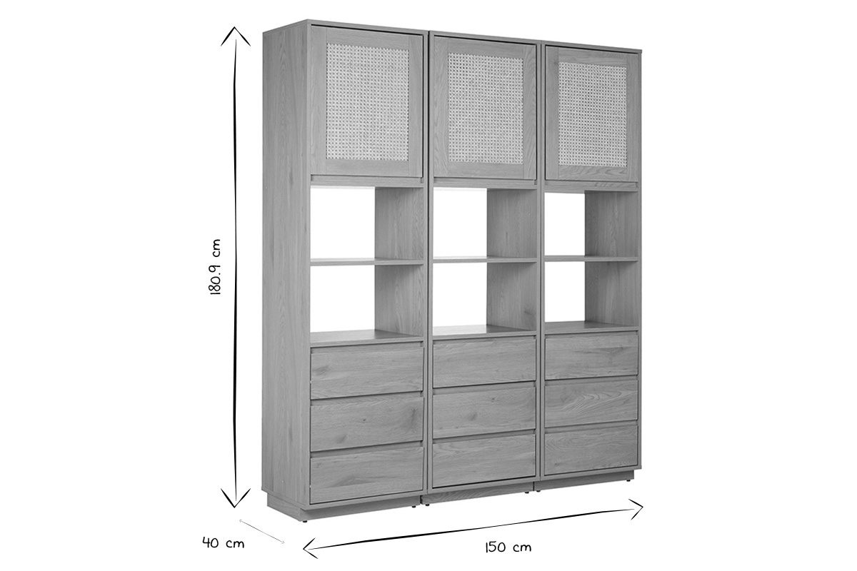 Biblioth�que �tag�re avec rangements finition bois clair ch�ne et cannage rotin L150 cm SEVILLE