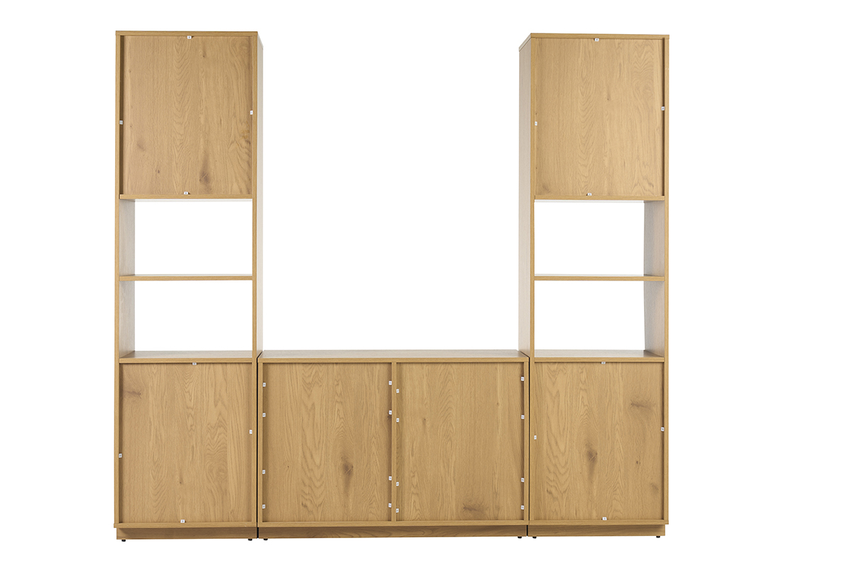 Biblioth�que �tag�re avec rangements finition bois clair ch�ne et cannage rotin L196 cm SEVILLE