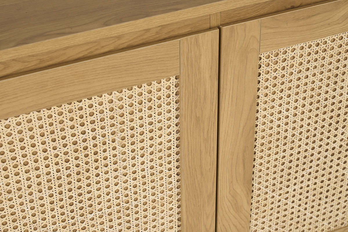 Biblioth�que �tag�re avec rangements finition bois clair ch�ne et cannage rotin L196 cm SEVILLE