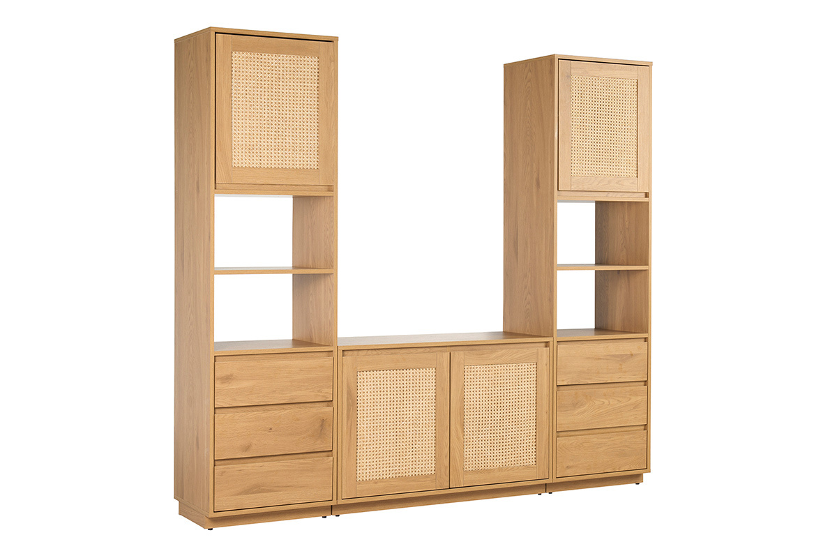 Biblioth�que �tag�re avec rangements finition bois clair ch�ne et cannage rotin L196 cm SEVILLE