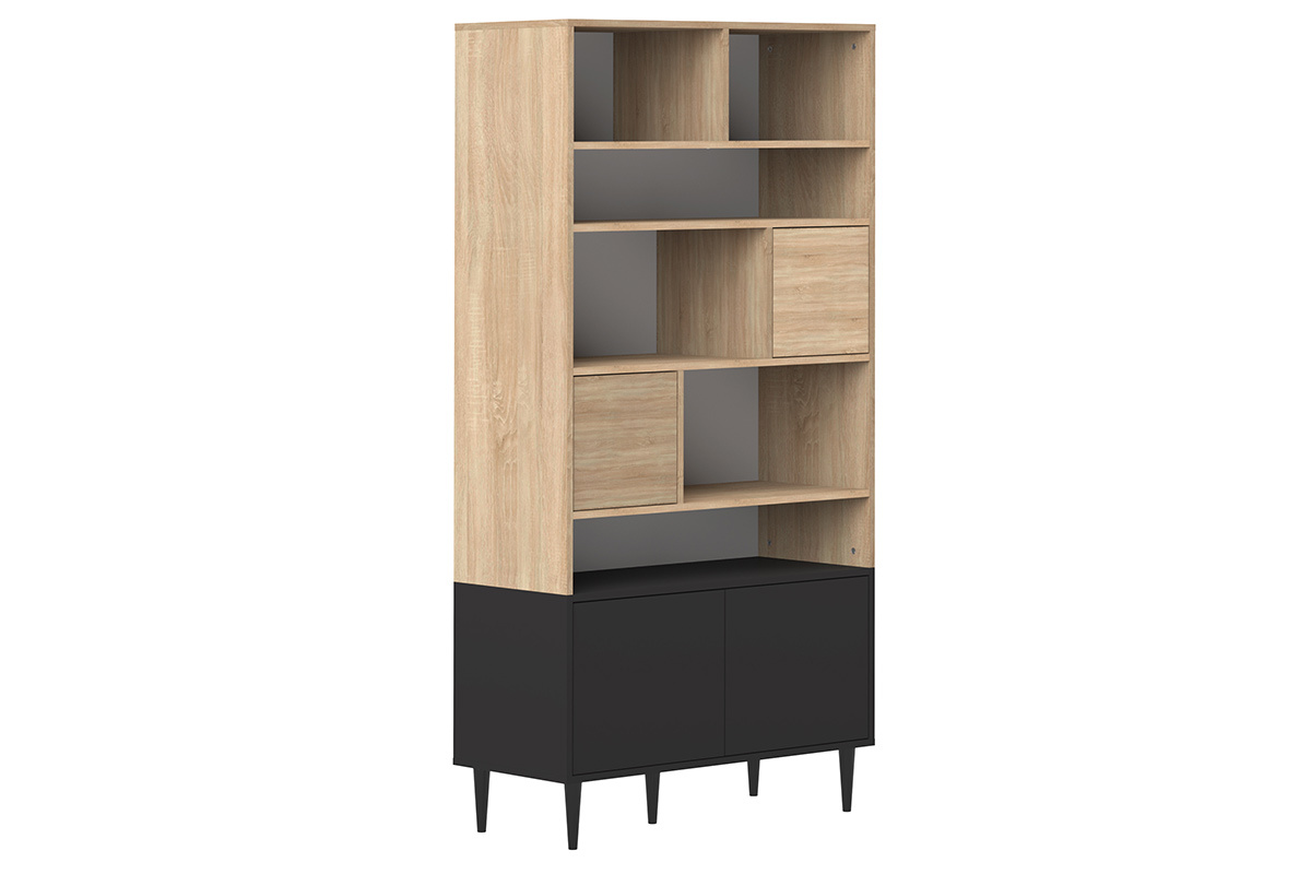Biblioth�que scandinave 10 casiers bois et noir STRIPE