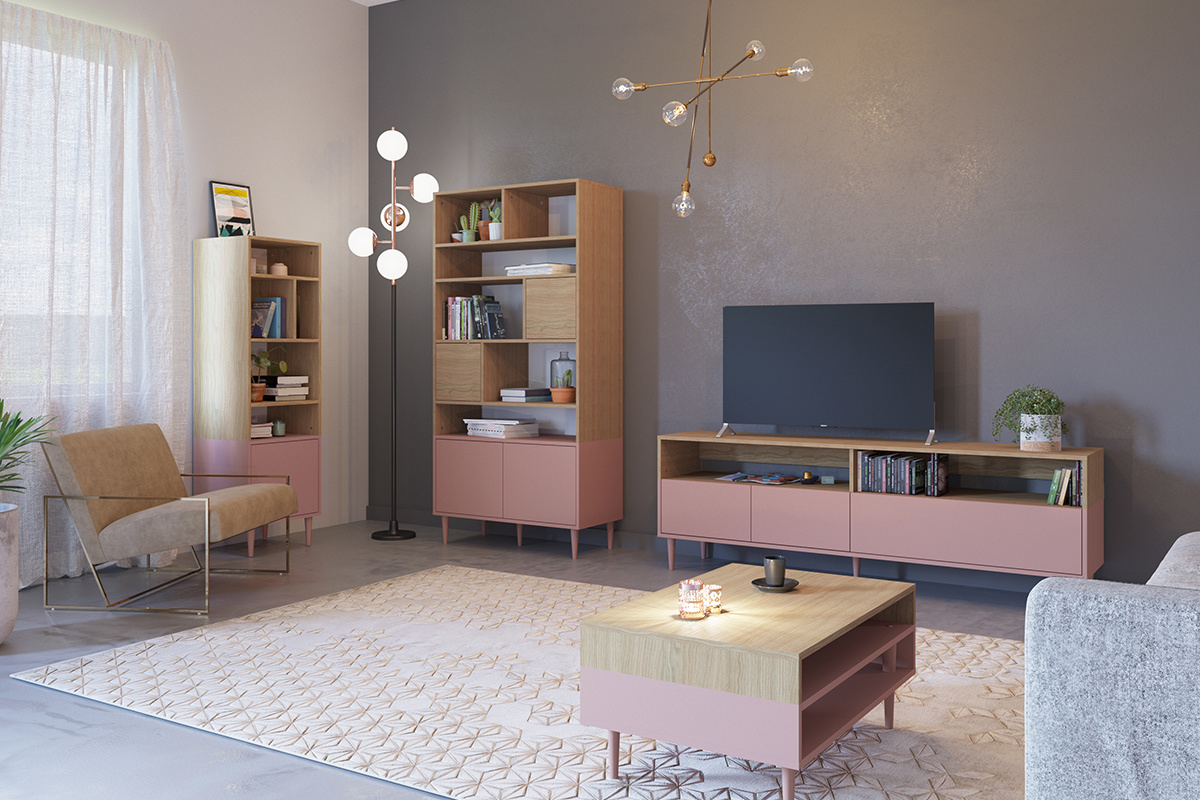 Biblioth�que scandinave 10 casiers bois et rose STRIPE