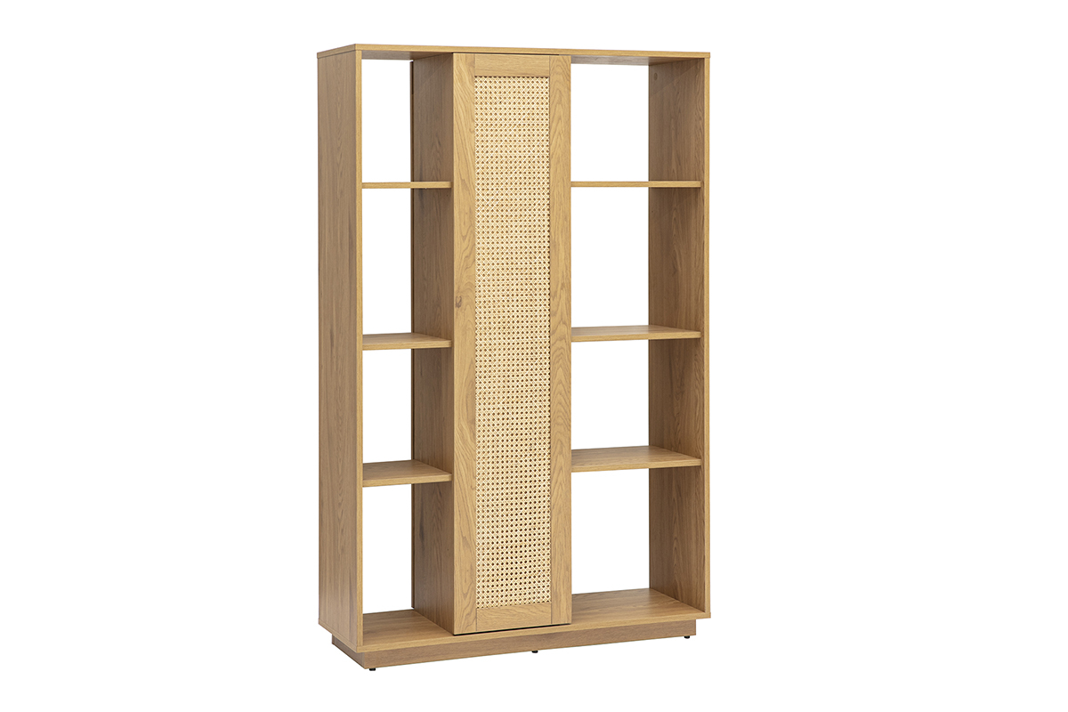 Bibliothque sparatrice avec rangements finition bois clair chne et cannage rotin L100 cm ALICANTE