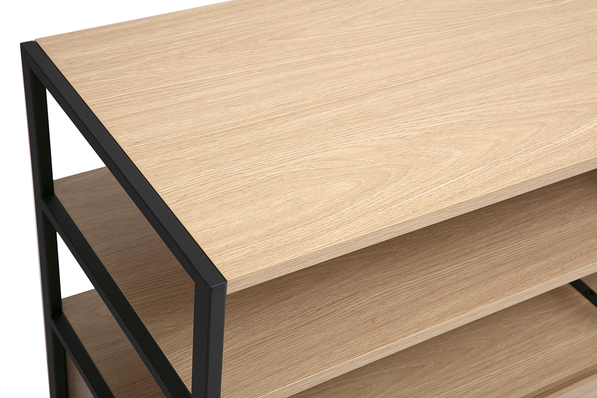 Buffet 3 portes finition bois clair ch�ne et m�tal noir L180 cm MAXENCE