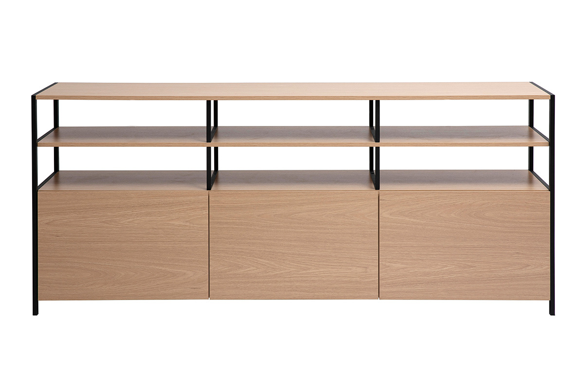 Buffet 3 portes finition bois clair ch�ne et m�tal noir L180 cm MAXENCE