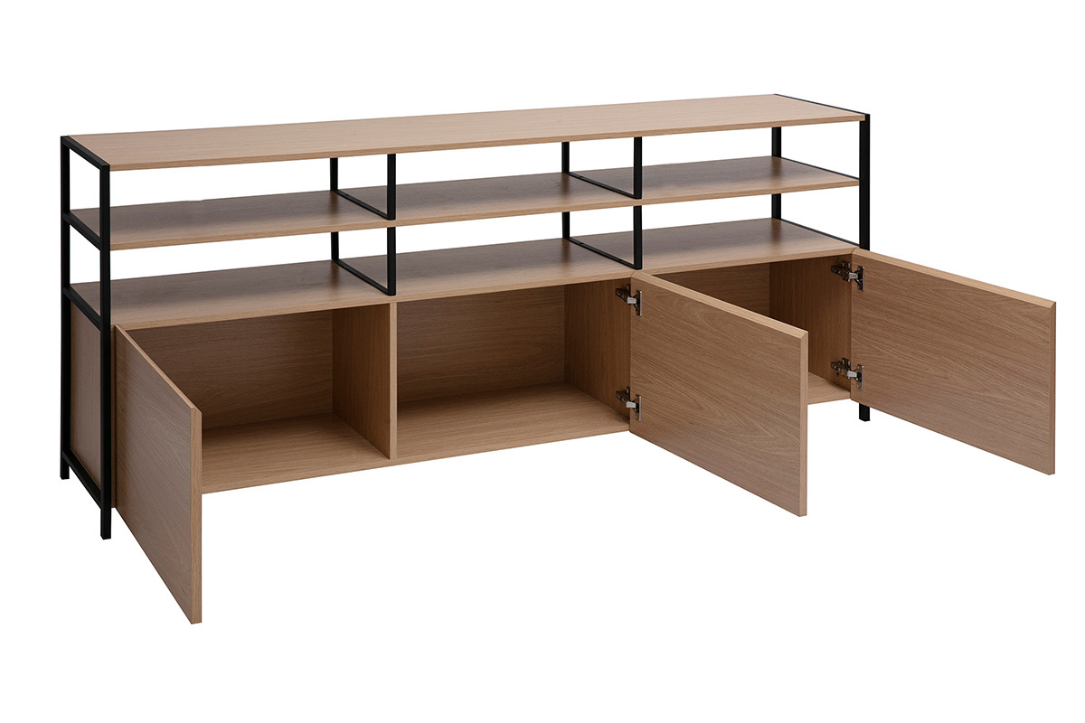 Buffet 3 portes finition bois clair ch�ne et m�tal noir L180 cm MAXENCE