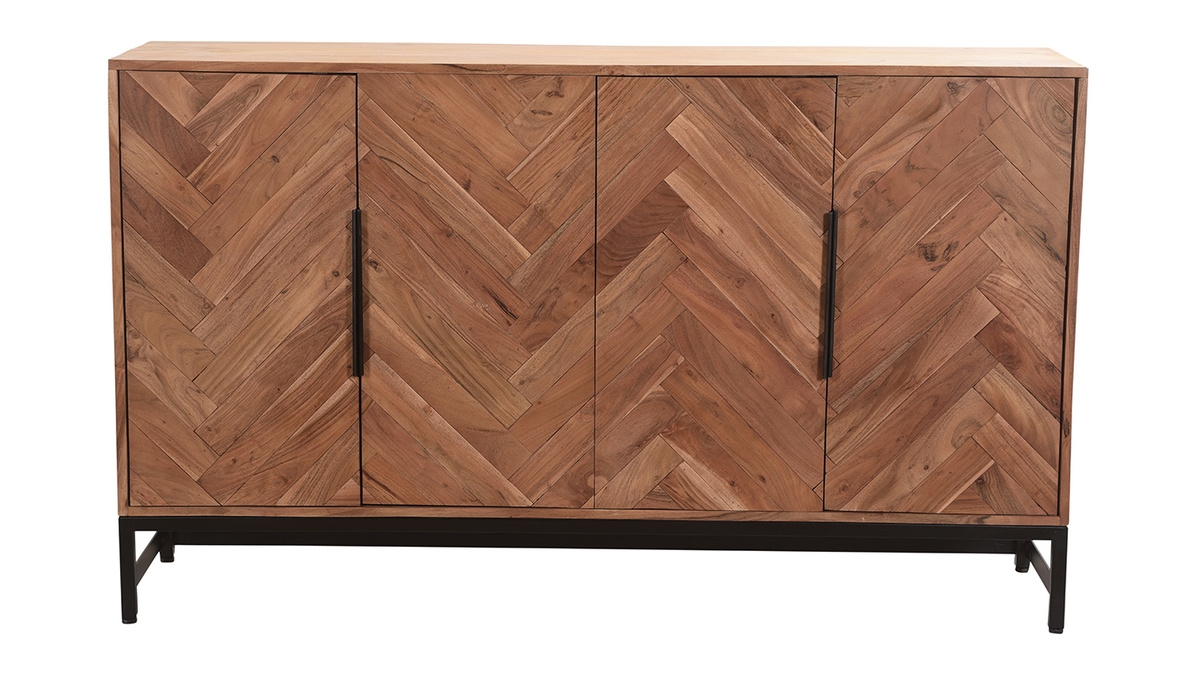 Buffet  motifs chevrons en bois massif et mtal noir 4 portes L160 cm STICK