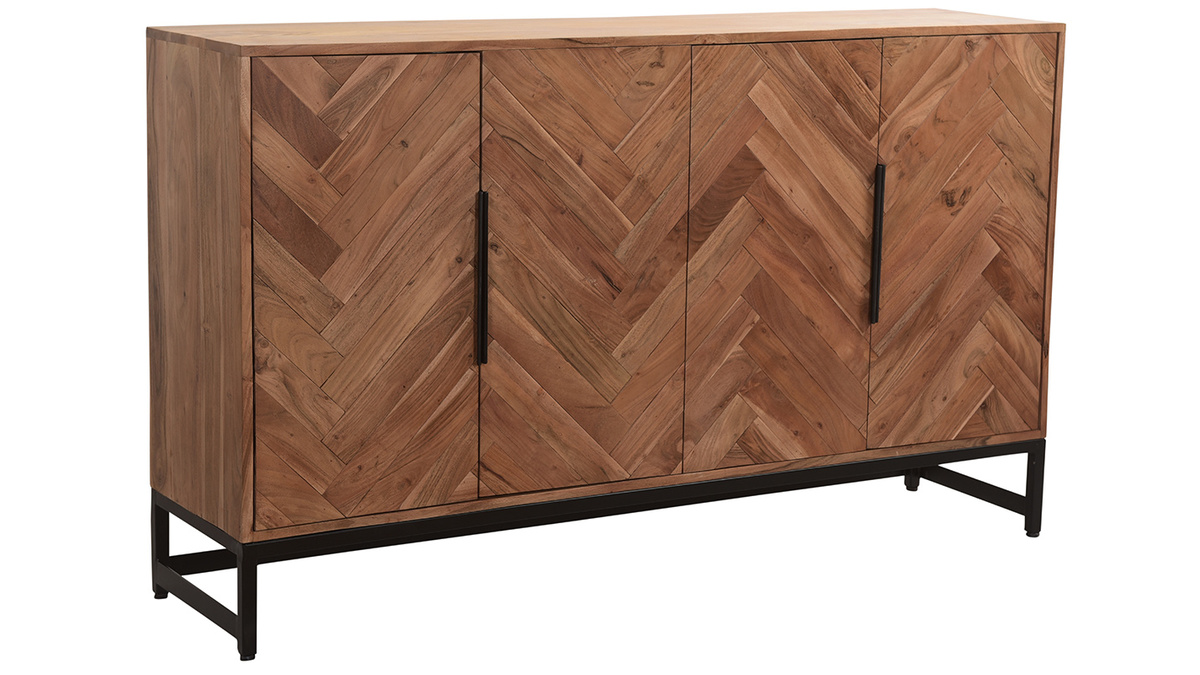 Buffet  motifs chevrons en bois massif et mtal noir 4 portes L160 cm STICK