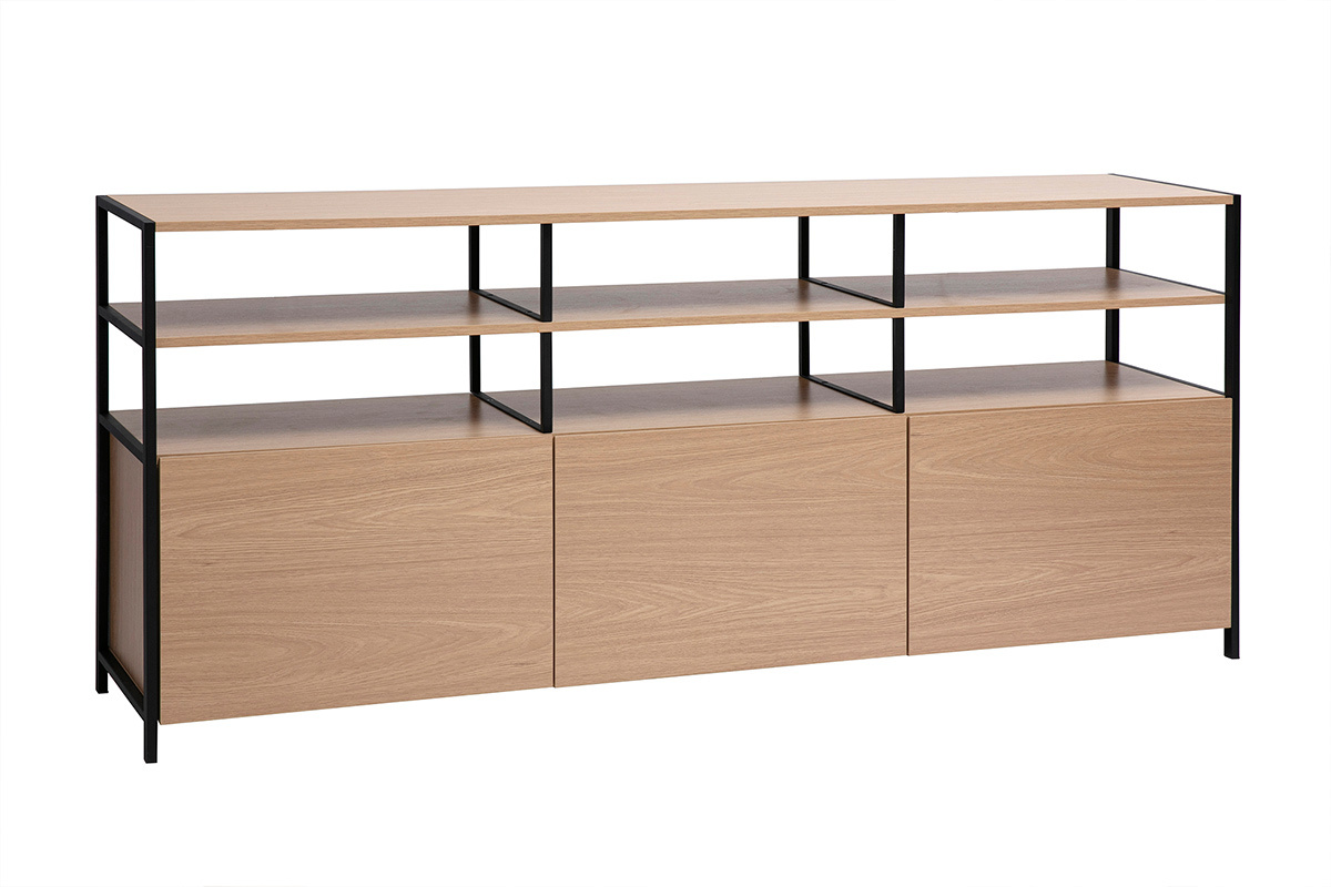 Buffet bas finition bois clair chne et mtal noir L180 cm MAXENCE
