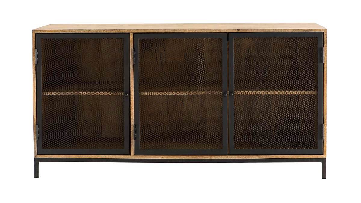 Buffet bas industriel en bois de manguier massif 3 portes mtal noir L145 cm RACK