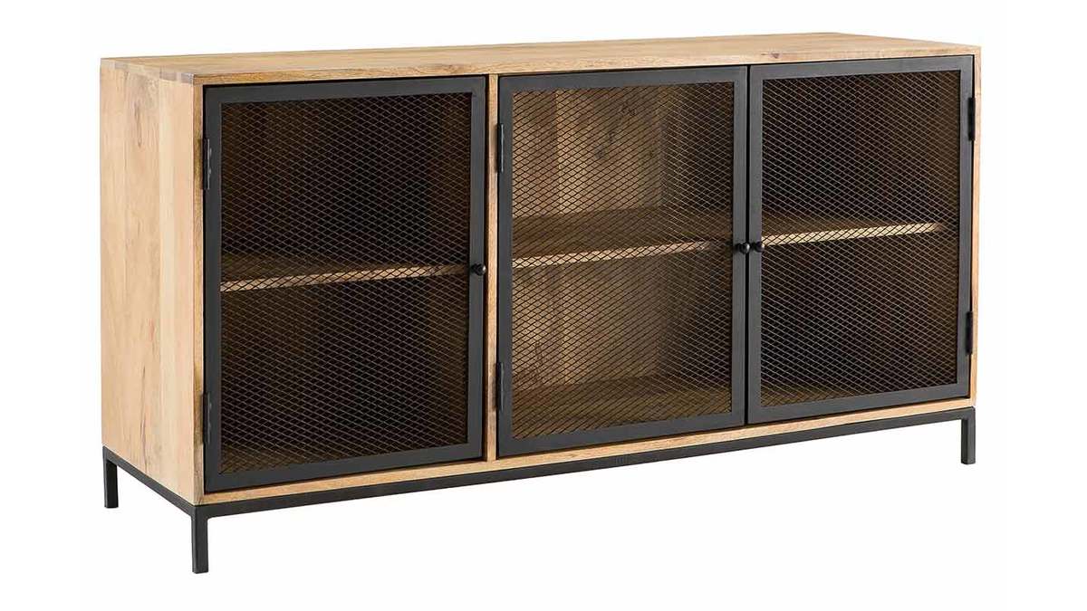 Buffet bas industriel en bois de manguier massif 3 portes mtal noir L145 cm RACK