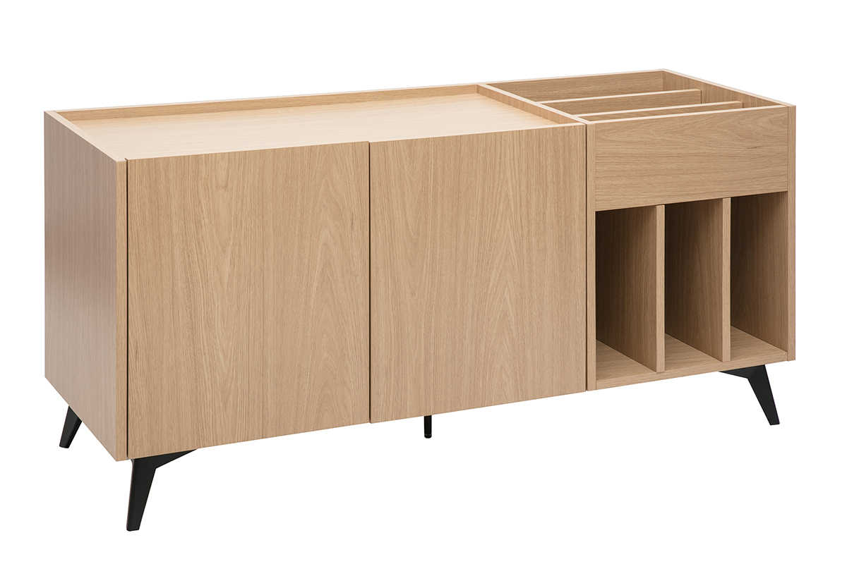 Buffet de rangement vinyles en bois clair finiton chne et mtal noir L140 cm SEDA