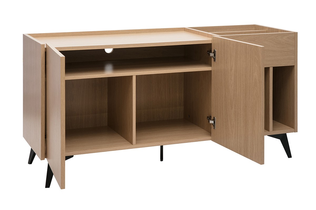 Buffet de rangement vinyles en bois clair finiton chne et mtal noir L140 cm SEDA