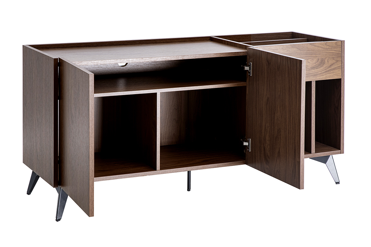 Buffet de rangement vinyles en bois fonc� finiton noyer et m�tal noir L140 cm SEDA