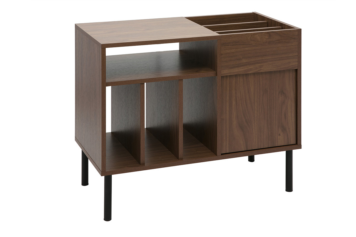 Buffet de rangement vinyles en bois fonc finiton noyer et mtal noir L90 cm KANE