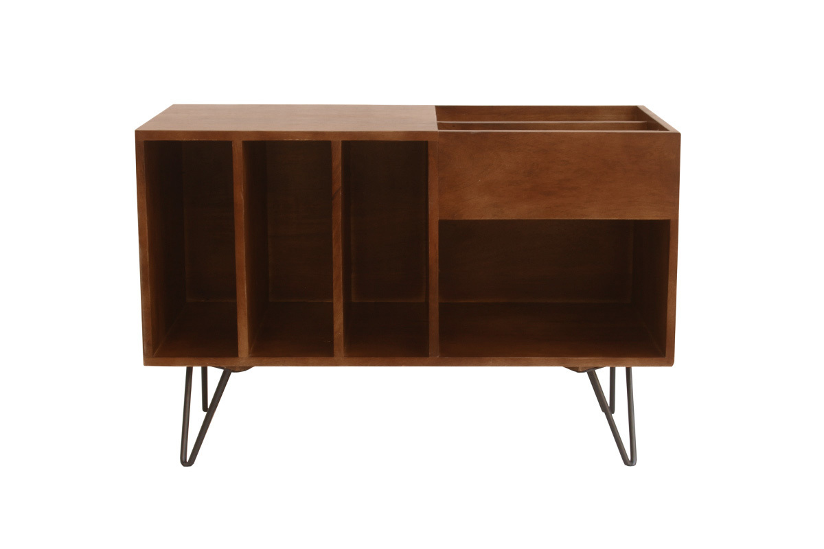 Buffet de rangement vinyles en bois manguier massif teint et mtal L90 cm BOOGIE