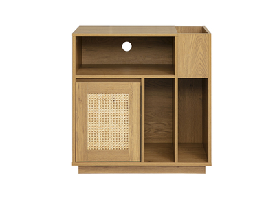 Buffet de rangement vinyles finition bois clair ch&ecirc;ne et cannage rotin L72 cm ALICANTE