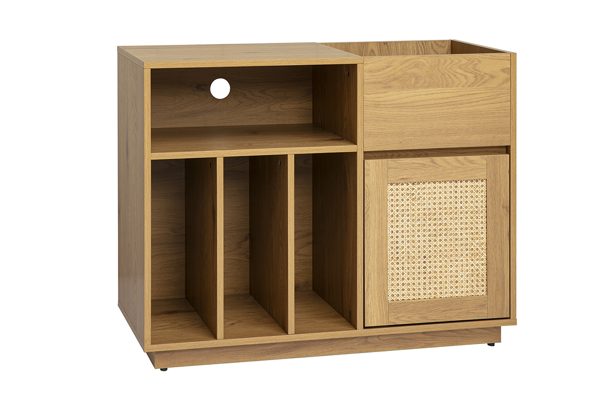Buffet de rangement vinyles finition bois clair ch�ne et cannage rotin L95 cm ALICANTE