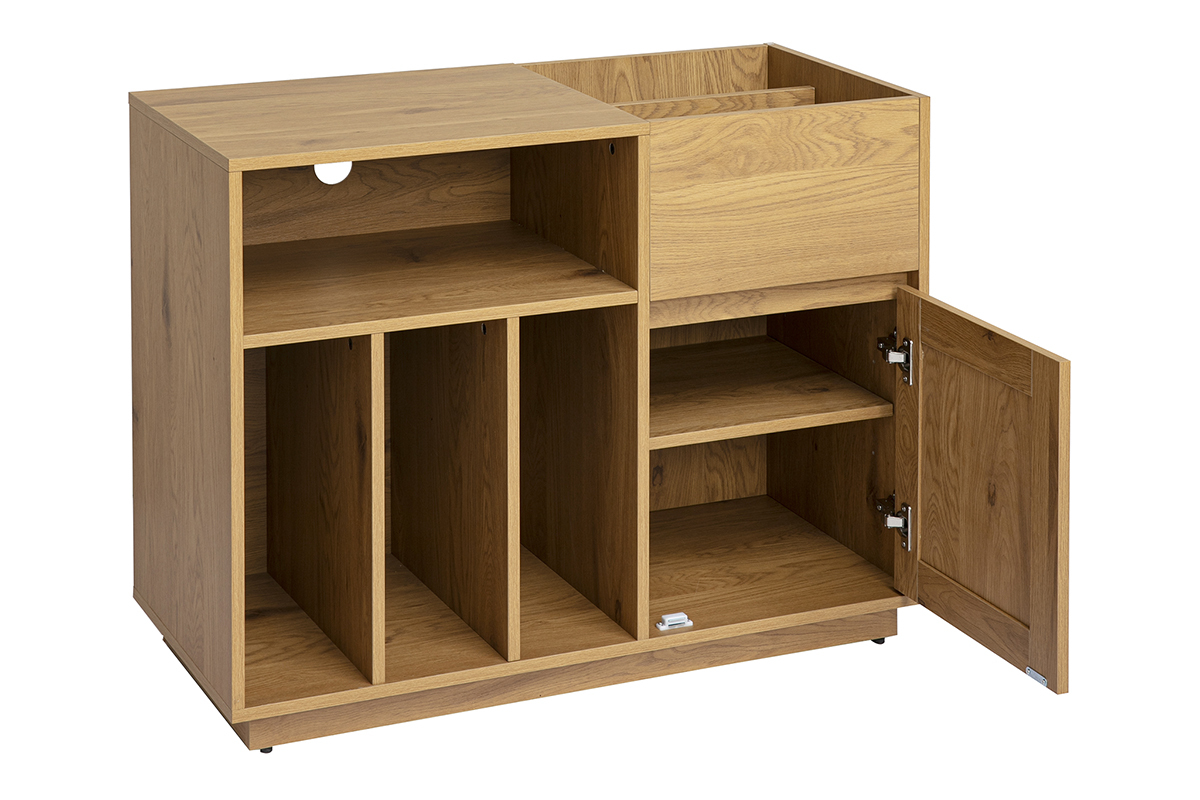 Buffet de rangement vinyles finition bois clair ch�ne et cannage rotin L95 cm ALICANTE