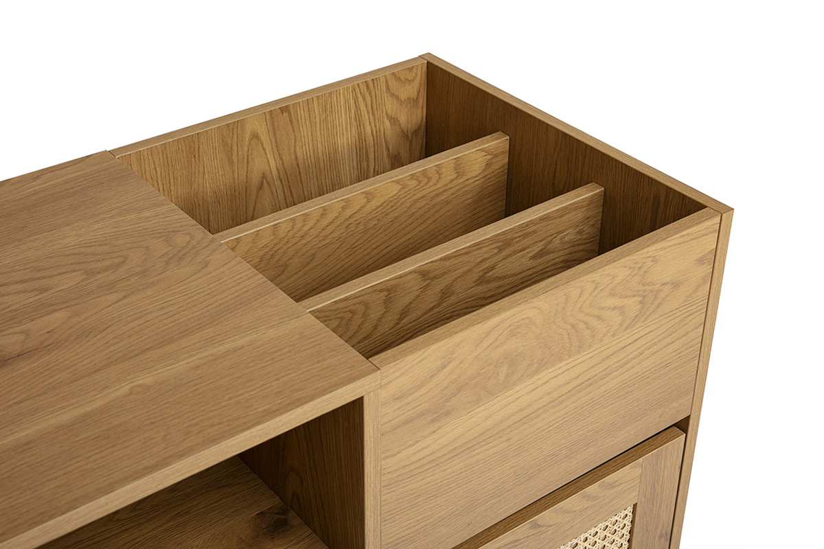 Buffet de rangement vinyles finition bois clair ch�ne et cannage rotin L95 cm ALICANTE