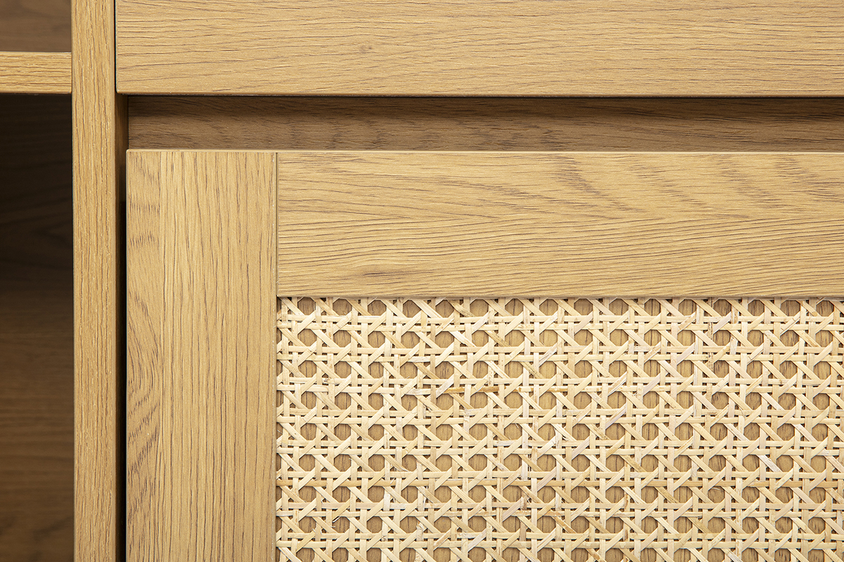 Buffet de rangement vinyles finition bois clair ch�ne et cannage rotin L95 cm ALICANTE