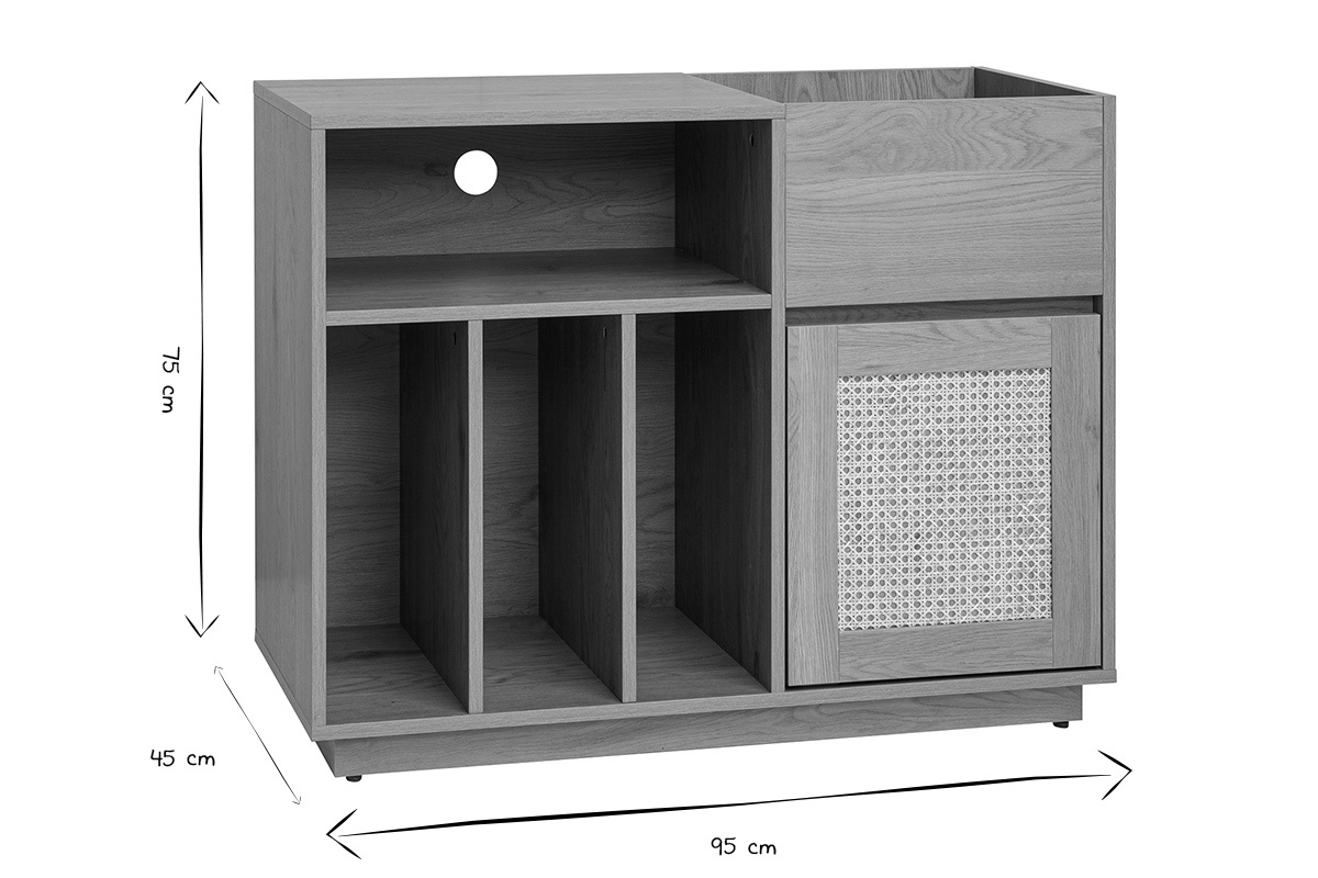 Buffet de rangement vinyles finition bois clair ch�ne et cannage rotin L95 cm ALICANTE